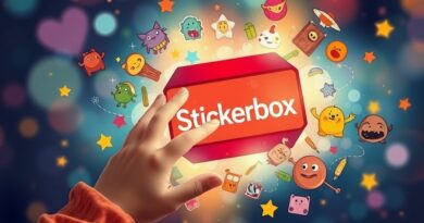 Dłoń dziecka dotyka świetlistego Stickerboxa, wokół wirują kolorowe naklejki. Magiczna, kreatywna zabawa wspierana sztuczną inteligencją.