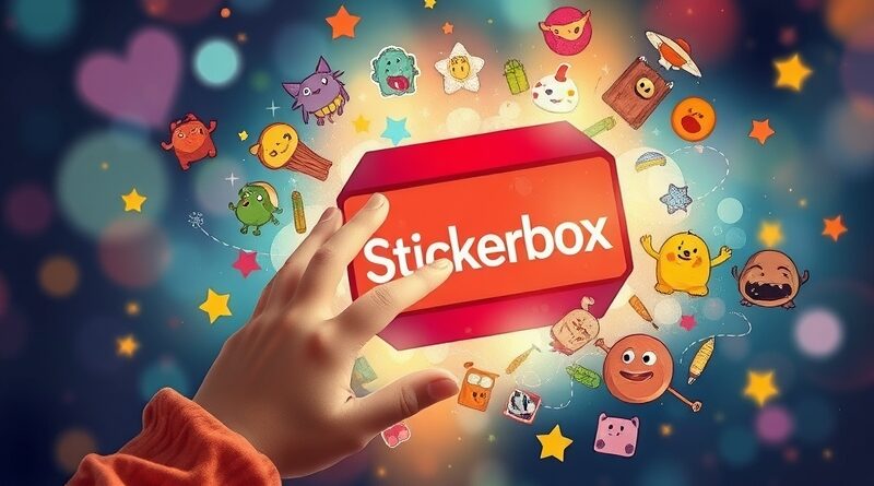 Dłoń dziecka dotyka świetlistego Stickerboxa, wokół wirują kolorowe naklejki. Magiczna, kreatywna zabawa wspierana sztuczną inteligencją.