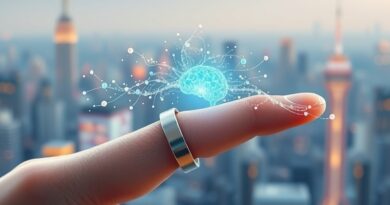 Palec z minimalistycznym pierścieniem Stream Ring, emanujący świetlistymi myślami płynącymi do AI mózgu.