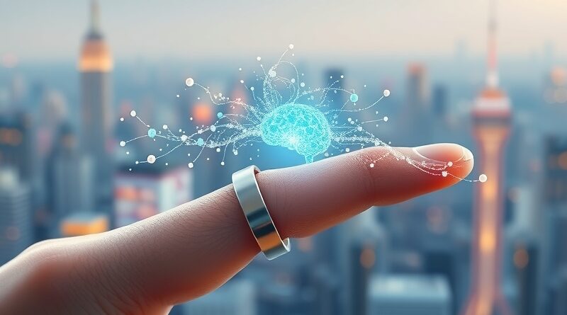 Palec z minimalistycznym pierścieniem Stream Ring, emanujący świetlistymi myślami płynącymi do AI mózgu.