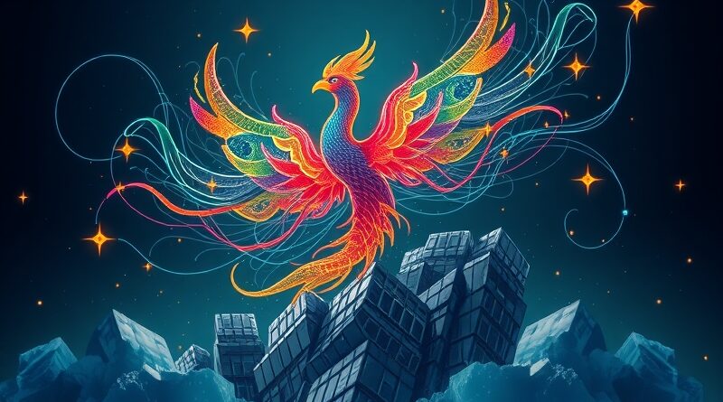 Stylizowany feniks z danych Supabase wznosi się ponad kruszejące bazy danych. Dynamiczny symbol innowacji i odważnej strategii.