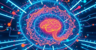 Wir danych tworzący bioluminescencyjną sieć neuronową w futurystycznym laboratorium, symbol przyspieszenia odkryć naukowych dzięki AI.