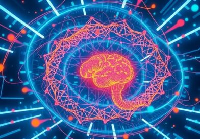 Wir danych tworzący bioluminescencyjną sieć neuronową w futurystycznym laboratorium, symbol przyspieszenia odkryć naukowych dzięki AI.