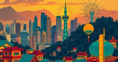 Futurystyczna panorama Azji Południowo-Wschodniej splatająca się z sieciami neuronowymi, symbolizująca transformacyjną rolę AI w biznesie.