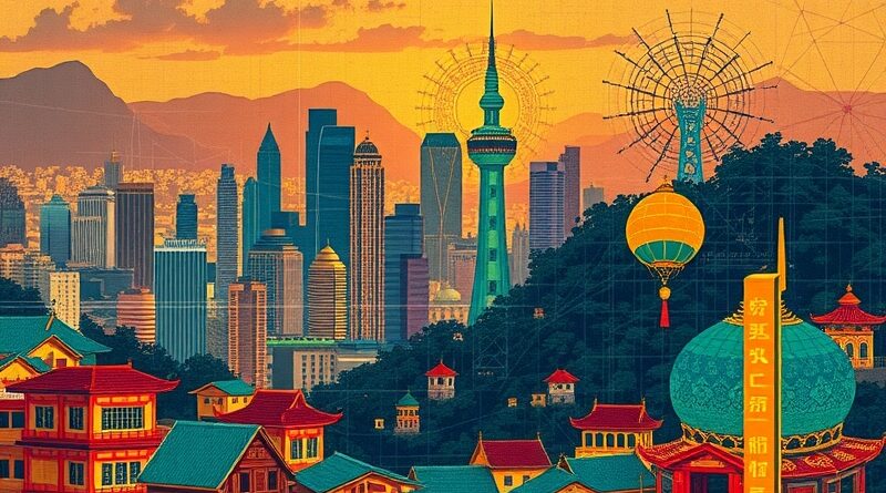 Futurystyczna panorama Azji Południowo-Wschodniej splatająca się z sieciami neuronowymi, symbolizująca transformacyjną rolę AI w biznesie.