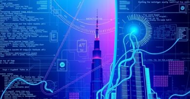 Architektoniczne plany splecione ze strumieniami kodu, neonowo-purpurowe gradienty, oko AI z mikrochipów.