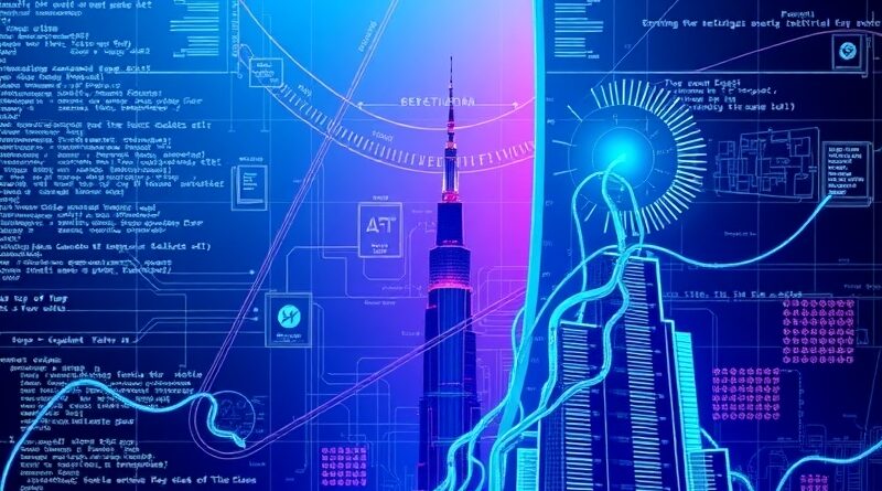 Architektoniczne plany splecione ze strumieniami kodu, neonowo-purpurowe gradienty, oko AI z mikrochipów.
