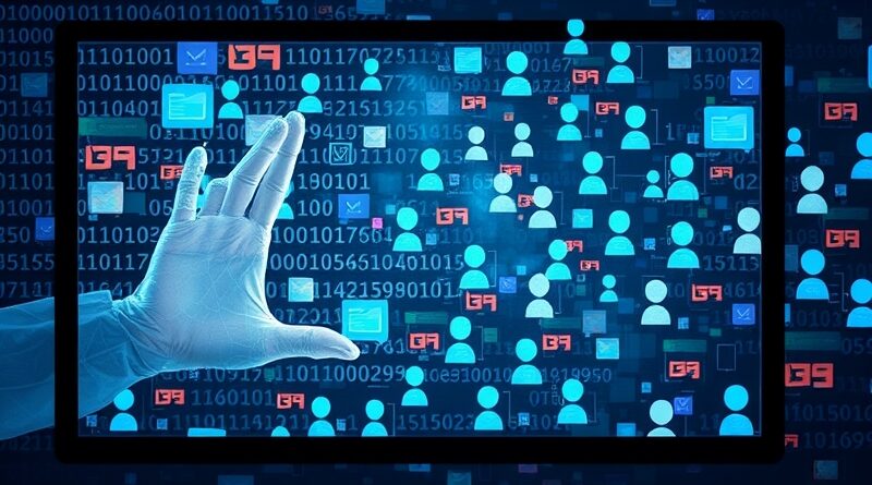 Eteryczna postać wyłania się z ekranu, dotykając dłonią cyfrowego krajobrazu pełnego botów.