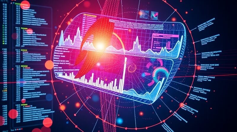 Abstrakcyjna wizja transformacji terminala w interaktywny pulpit nawigacyjny, pełen danych i kodu Python.