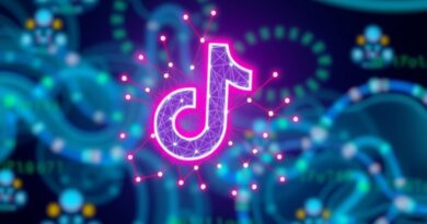 Abstrakcyjna grafika: Sieć neonowych połączeń w logo TikToka, ukryty znak wodny, tło z kodu i generatywnej AI.