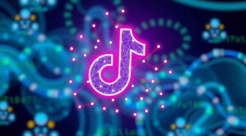 Abstrakcyjna grafika: Sieć neonowych połączeń w logo TikToka, ukryty znak wodny, tło z kodu i generatywnej AI.