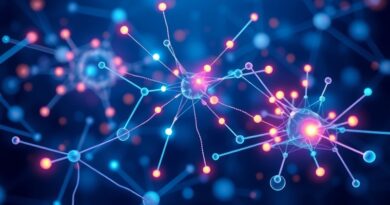 Abstrakcyjna wizualizacja sieci neuronowej: świecące połączenia, tensory, fragmenty kodu w fioletowo-niebieskiej kolorystyce z akcentami pomarańczu i żółci.