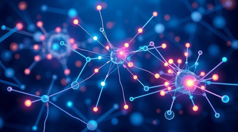 Abstrakcyjna wizualizacja sieci neuronowej: świecące połączenia, tensory, fragmenty kodu w fioletowo-niebieskiej kolorystyce z akcentami pomarańczu i żółci.