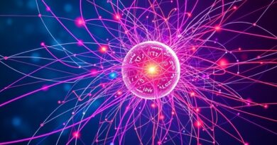 Abstrakcyjna wizualizacja sieci neuronowych: światłowody łączą się w świetlistą sferę, emitującą symbole wizualne, dźwiękowe i tekstowe.