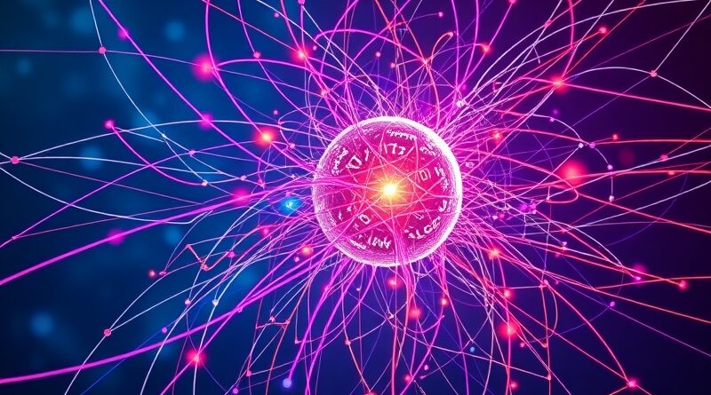 Abstrakcyjna wizualizacja sieci neuronowych: światłowody łączą się w świetlistą sferę, emitującą symbole wizualne, dźwiękowe i tekstowe.