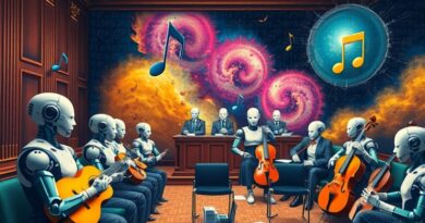 Surrealistyczny sąd: nuty na wokandzie, roboty-sędziowie AI, protestujący muzycy. AI-algorytmy w tle.