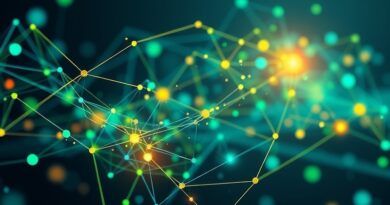 Abstrakcyjna sieć niebiesko-zielonych połączeń symbolizuje AI w terminalu Warp Agent 3.0.