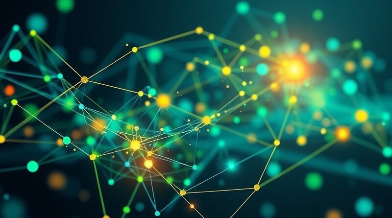 Abstrakcyjna sieć niebiesko-zielonych połączeń symbolizuje AI w terminalu Warp Agent 3.0.