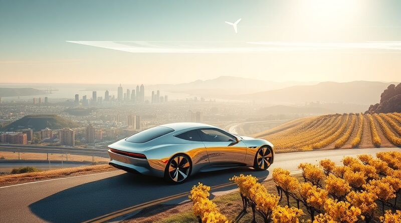 Futurystyczny San Francisco przechodzący w winnice Napa Valley, autonomiczny pojazd Waymo, hologramy danych.