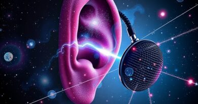 Kosmiczne ucho-mikrofon z galaktyk i mgławic, wizualizujące innowacje Wispr w rozpoznawaniu mowy.