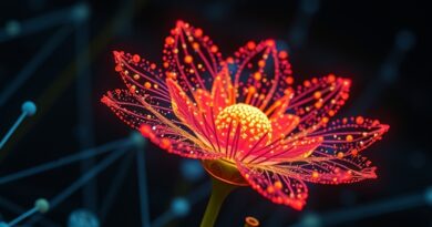 Bioluminescencyjna sieć neuronowa kwitnąca w ciemności, symbol postępu emocjonalnej inteligencji AI (Grok 4.1).