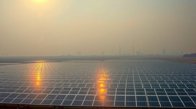 Farma słoneczna pod smogiem; odległe turbiny gazowe. Kontrast czystej energii i zanieczyszczenia.