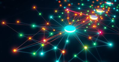 Skomplikowana sieć AI, modele językowe i przepływy danych połączone w centralnym routerze, optymalizacja kosztów.