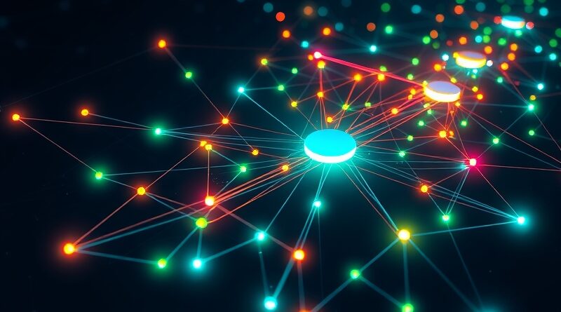 Skomplikowana sieć AI, modele językowe i przepływy danych połączone w centralnym routerze, optymalizacja kosztów.