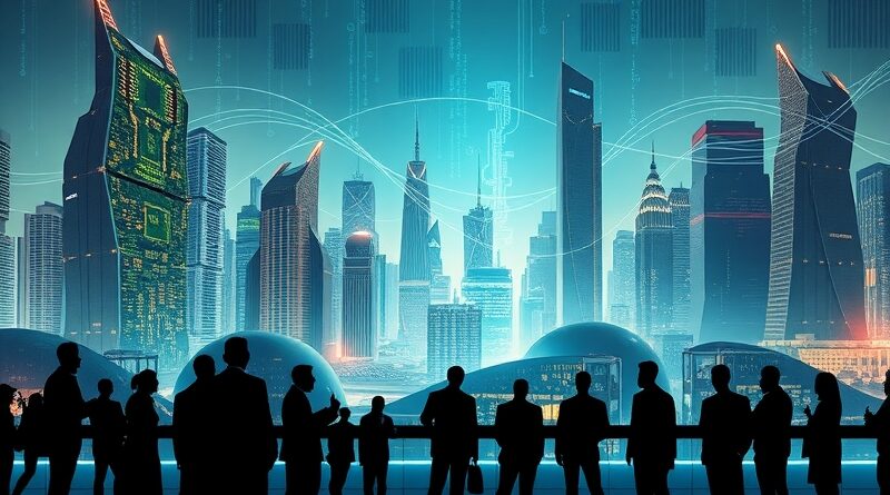 Futurystyczne miasto AI, sylwetki profesjonalistów analizujących dane. Optymistyczna wizja technologii.