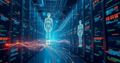 Kiro, agent AI, dyryguje cyfrową orkiestrą kodu w server room, symbolizując autonomiczne programowanie.