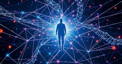 Sieć danych formująca sylwetkę człowieka na tle gwiazd. Logo Redpoint Ventures jako konstelacja.