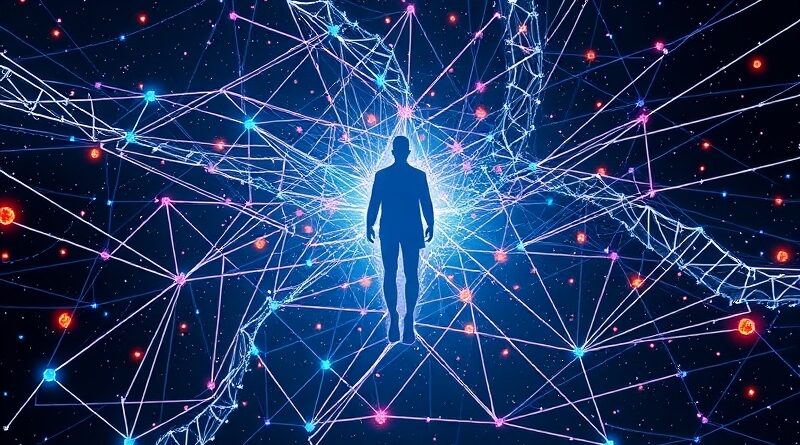 Sieć danych formująca sylwetkę człowieka na tle gwiazd. Logo Redpoint Ventures jako konstelacja.