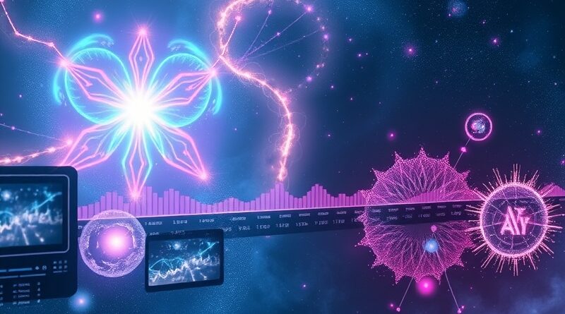 Edycja wideo Firefly przemienia się w kosmiczną galaktykę. Promienne logo Adobe Firefly w centrum.