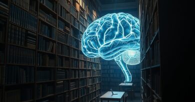 Złożona biblioteka przechodząca w promienny mózg AI, symbolizująca konflikt praw autorskich i sztucznej inteligencji.