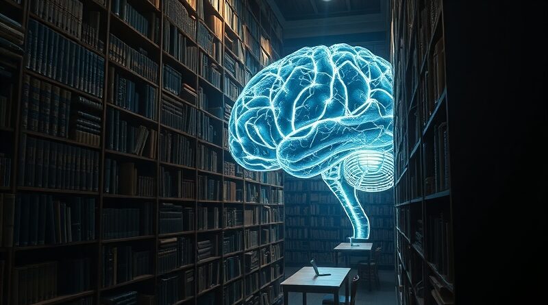 Złożona biblioteka przechodząca w promienny mózg AI, symbolizująca konflikt praw autorskich i sztucznej inteligencji.