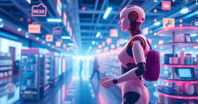 Translucentna postać AI przegląda cyfrowe stoiska na Allegro, ułatwiając zakupy online.