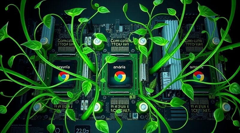 Płyta główna spleciona z zielonymi pnączami, symbol unifikacji Androida i ChromeOS, pulsująca sieć neuronowa, AI Gemini.