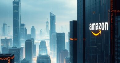 Futurystyczna panorama miasta z cyfrowymi kodami i wkomponowanym logo Amazon, symbolizująca ofertę Kiro Pro+.