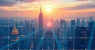 Futurystyczny krajobraz miasta z neuralną siecią, złoty podział, z wpływami art nouveau, symbolizujący integrację AI w Amazonie.