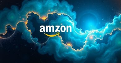 Kosmiczna nebula w odcieniach niebieskiego, zieleni i pomarańczy łączy logo Amazon i OpenAI.