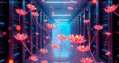 Futurystyczna serwerownia z cyfrową florą i strumieniami danych, symbolizująca fuzję AI i mocy obliczeniowej Amazon.