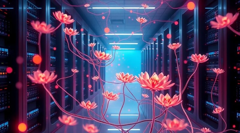 Futurystyczna serwerownia z cyfrową florą i strumieniami danych, symbolizująca fuzję AI i mocy obliczeniowej Amazon.