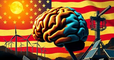 Mózg-centrum danych z OZE na tle popękanej flagi USA - konflikt ambicji AI i energii.