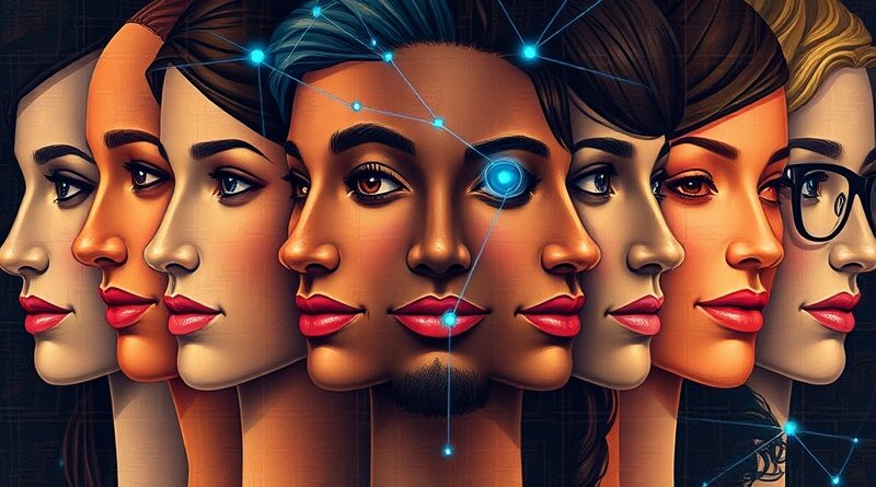 Mozaika twarzy symbolizująca jedność i sprawiedliwość AI, połączona błękitnymi algorytmami.