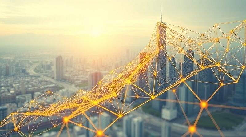 Abstrakcyjna sieć fraktalna ze złotymi nićmi, symbolizująca wzrost Anthropic w kierunku futurystycznego horyzontu.