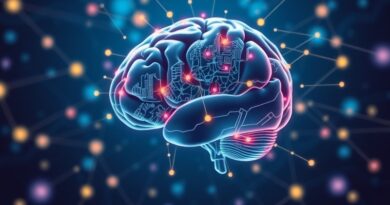 Abstrakcyjna, cyfrowa wizja mózgu AI tworzącego skomplikowane plany w sieci neuronowej.