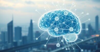 Sieć punktów danych jak płatki śniegu tworzy mózg, pulsujący inteligencją, na tle cyfrowego pejzażu korporacji.