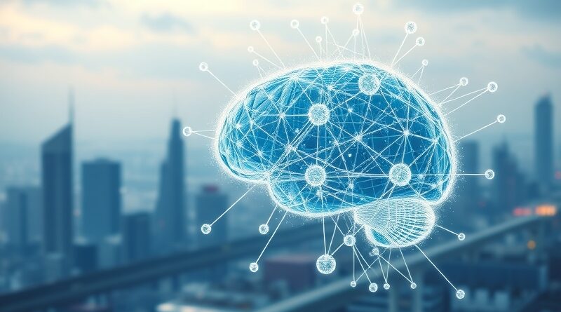 Sieć punktów danych jak płatki śniegu tworzy mózg, pulsujący inteligencją, na tle cyfrowego pejzażu korporacji.