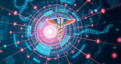 Wirujące strumienie danych łączą się w symbol kaduceusza, reprezentując automatyzację autoryzacji medycznej dzięki AI.