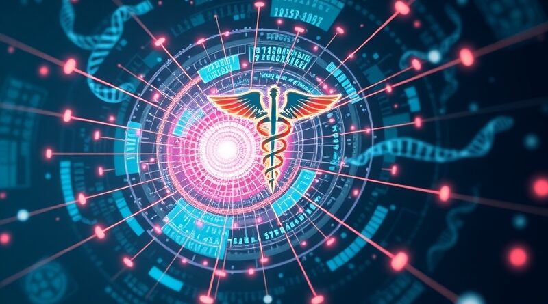 Wirujące strumienie danych łączą się w symbol kaduceusza, reprezentując automatyzację autoryzacji medycznej dzięki AI.